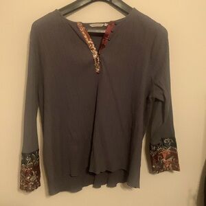 Soft Surroundings slate gray Cypress henley top with tapestry details